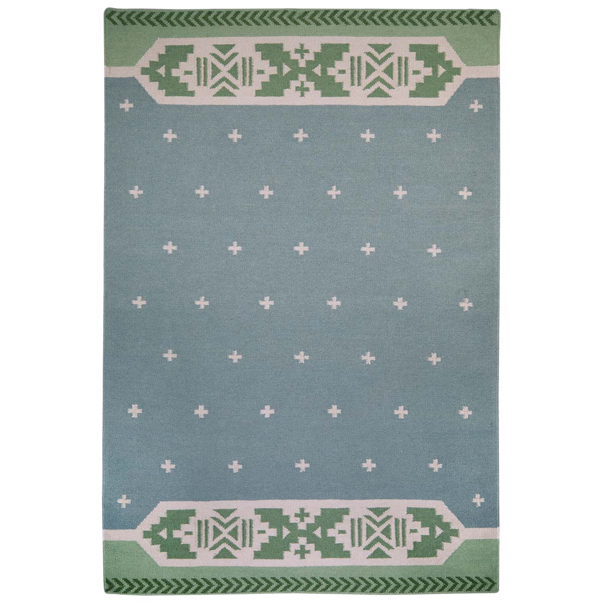 Blue and Green Flatweave Rug with cross stitch motifs and patterned border.