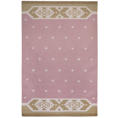 Rose Pink and Ochre Yellow Manali flatweave rug with cross stitch motifs and patterned border.