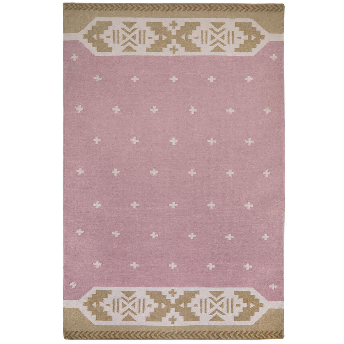 Rose Pink and Ochre Yellow Manali flatweave rug with cross stitch motifs and patterned border.