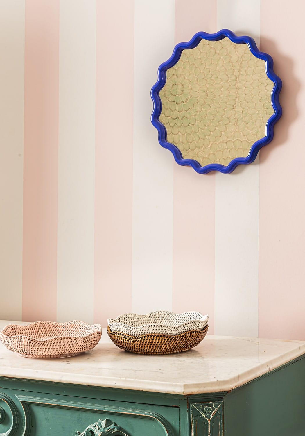 Saratoga Round Rattan Scalloped Tray - Brown - Casa by Josephine Jenno
