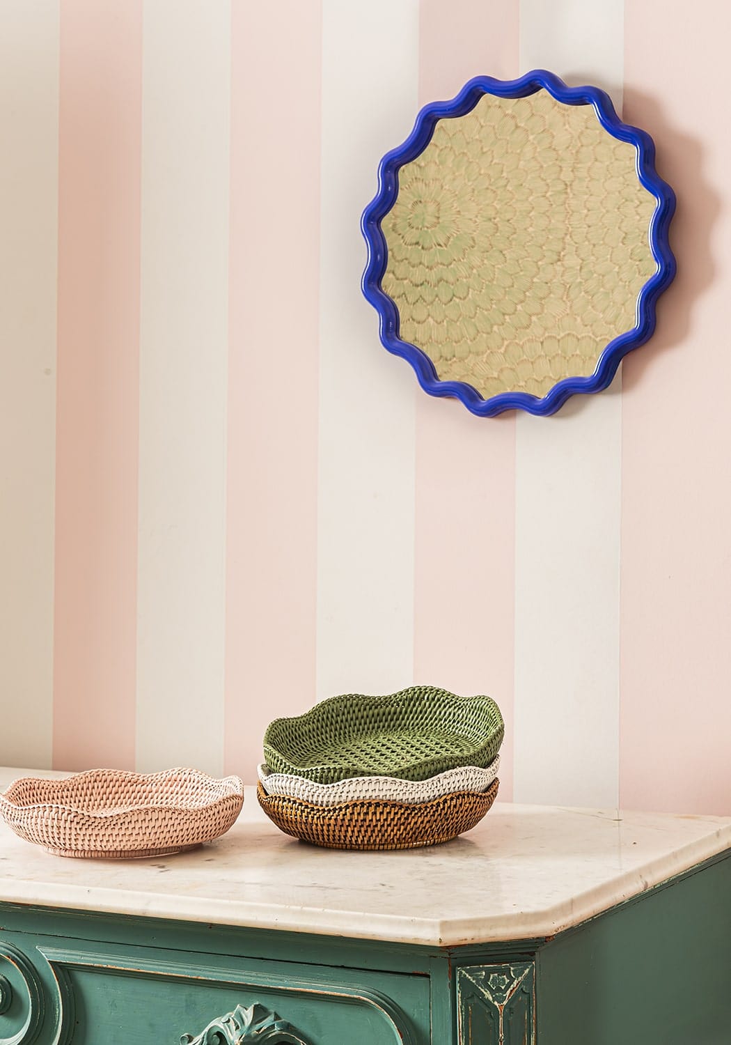 Saratoga Round Rattan Scalloped Tray - Pink - Casa by Josephine Jenno