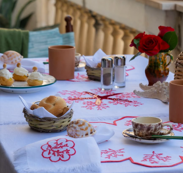 Pink Coral Napkin with Fringe - Set of 2 - White Linen