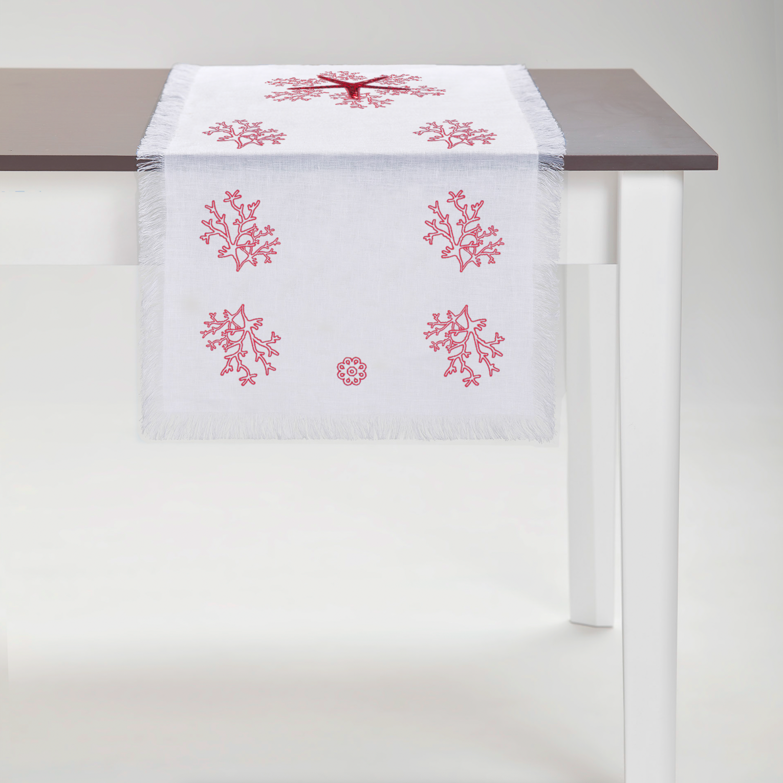 Pink Coral Runner with Fringe - White Linen