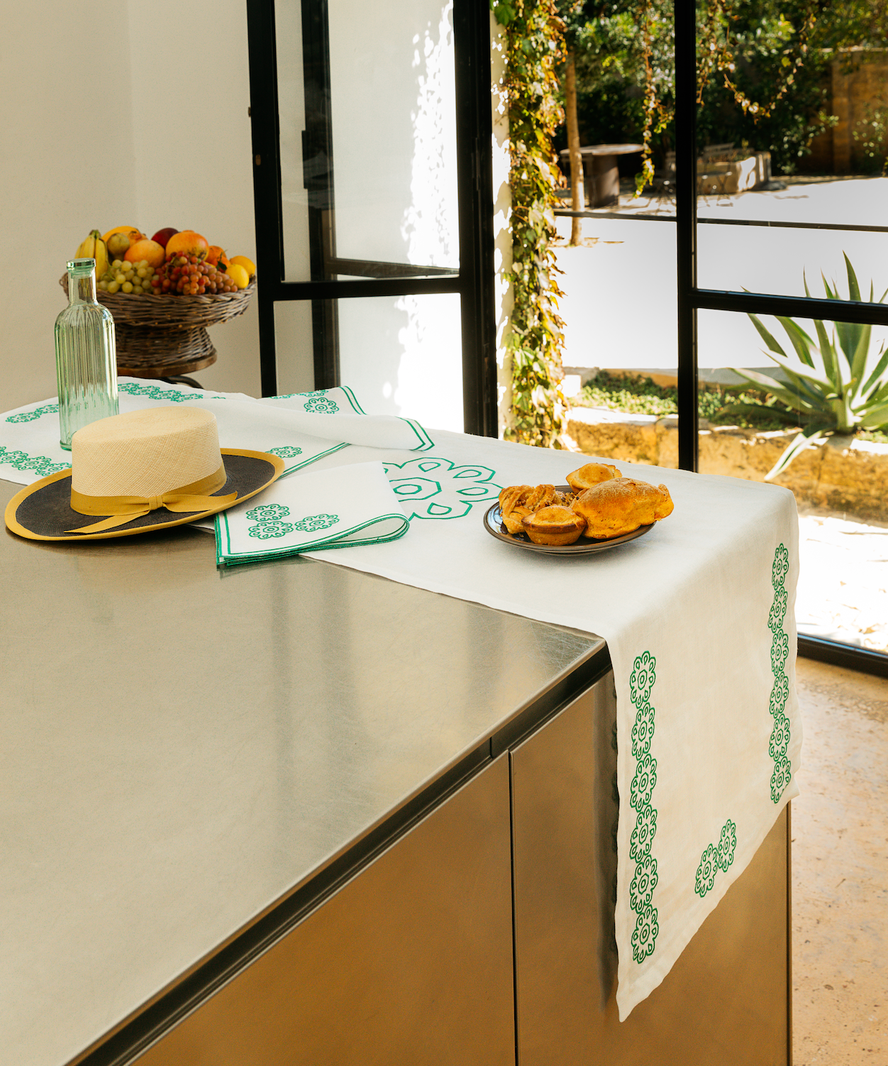 Green Castello Svevo Table Runner  - White Linen