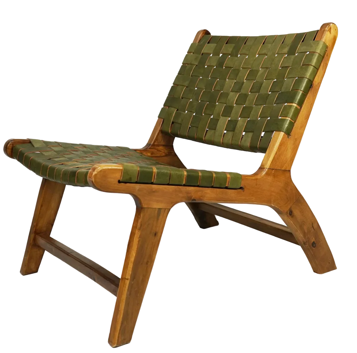 Sage Green Luxury Leather and Walnut Wood Woven Lounge Chair