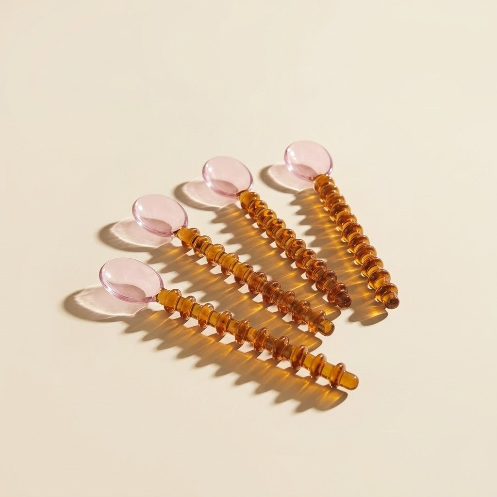 Glass Spoon with Beaded Handle Pink Amber (Set of 4)