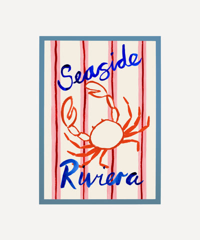 Seaside Riviera print, crab illustration on striped background in blue frame