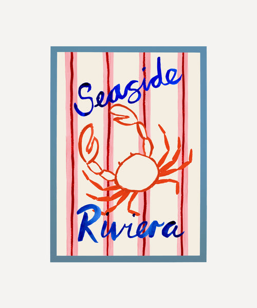 Seaside Riviera print, crab illustration on striped background in blue frame