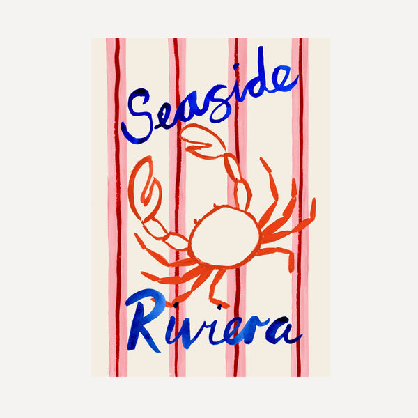 Seaside Riviera print, crab illustration on striped background