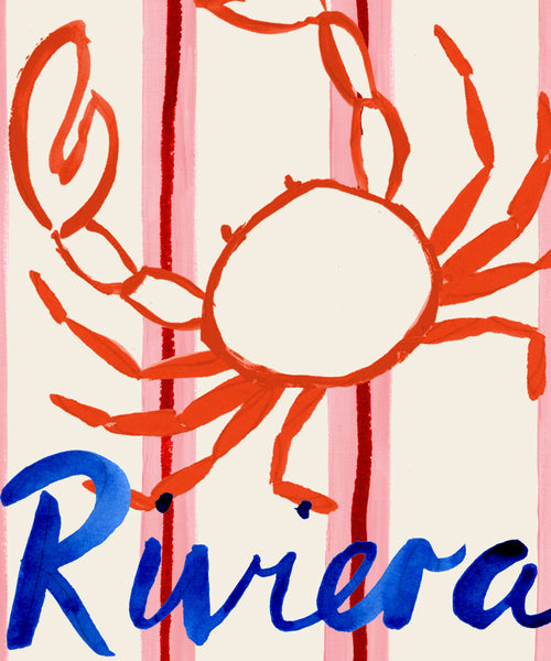 Seaside Riviera print, crab illustration on striped background close up