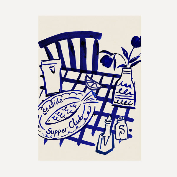 Seaside Supper Club ink painting, fish dinner on checked tablecloth