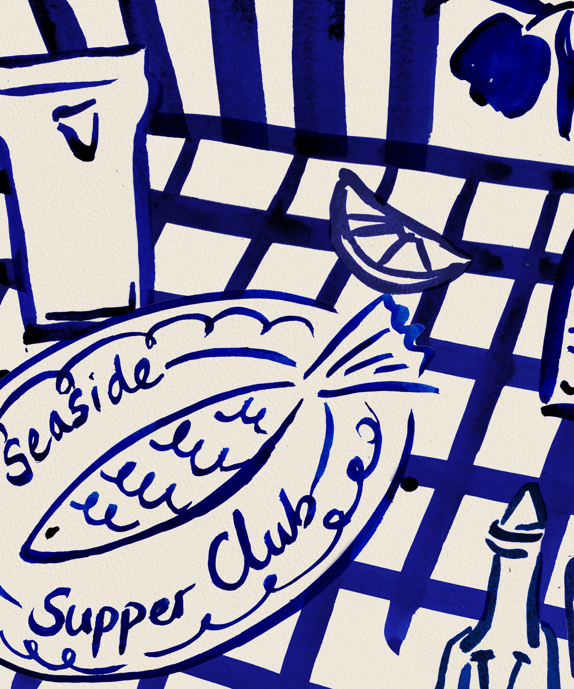 Seaside Supper Club ink painting, fish dinner on checked tablecloth close up