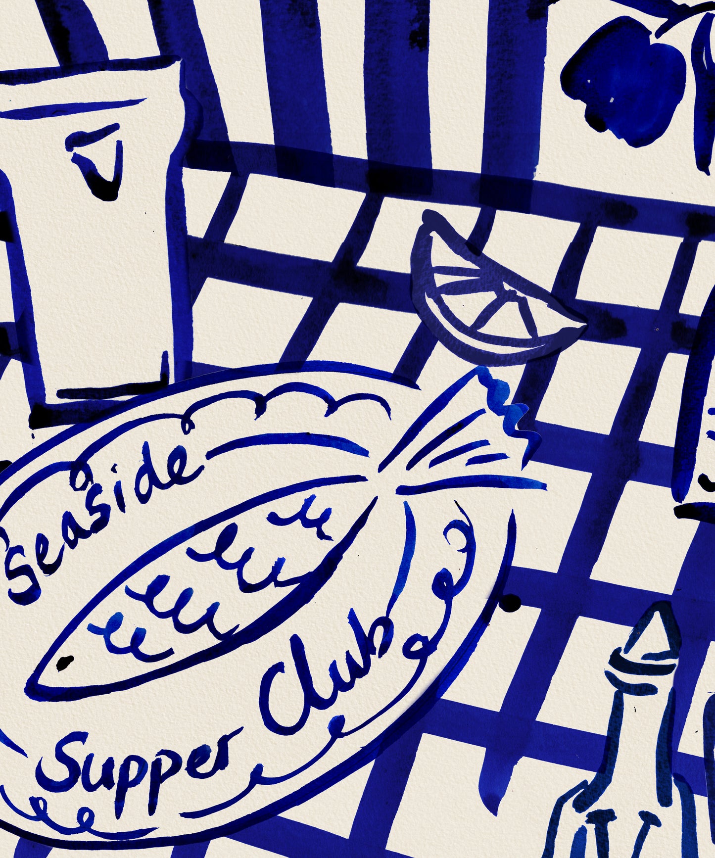 Seaside Supper Club ink painting, fish dinner on checked tablecloth close up