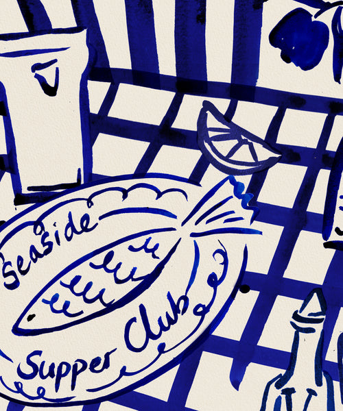 Seaside Supper Club ink painting, fish dinner on checked tablecloth close up
