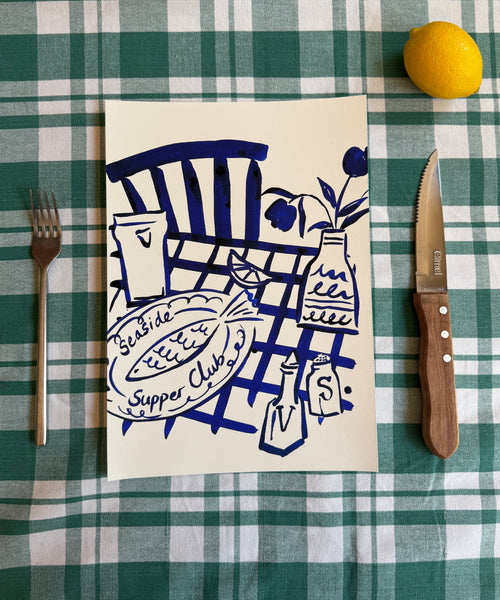 Seaside Supper Club ink painting, fish dinner on green checked tablecloth