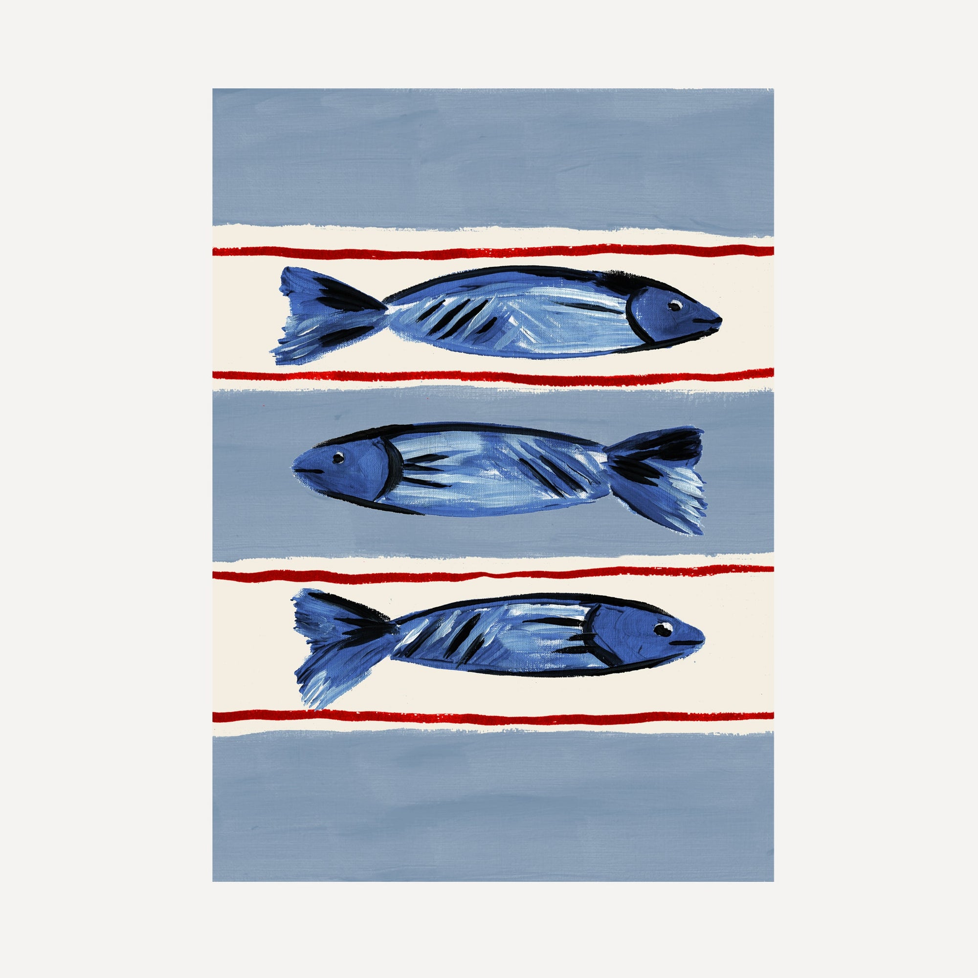 Seaside Fish print, three fish illustration on striped base