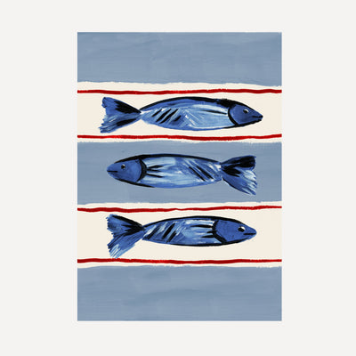 Seaside Fish print, three fish illustration on striped base