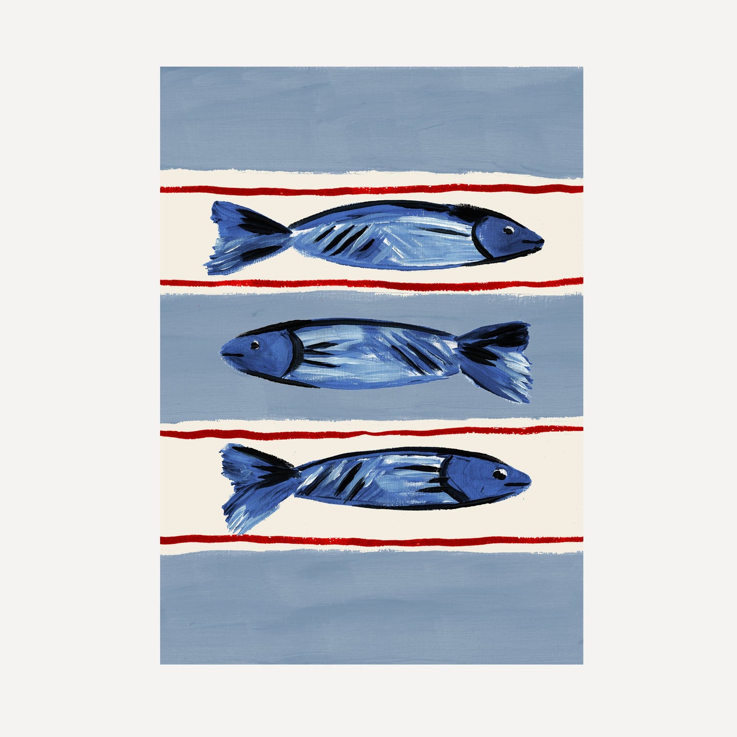 Seaside Fish print, three fish illustration on striped base