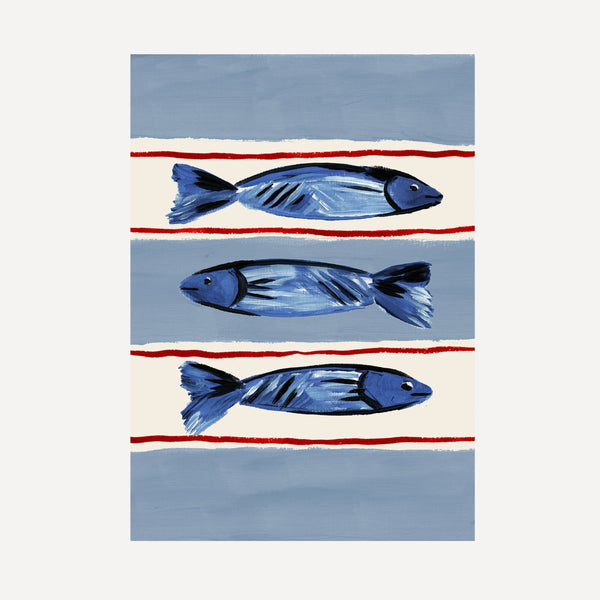 Seaside Fish print, three fish illustration on striped base