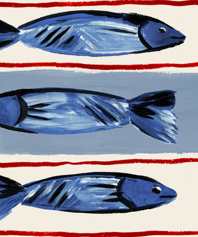 Seaside Fish print, three fish illustration on striped base close up