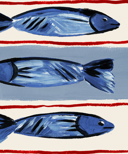 Seaside Fish print, three fish illustration on striped base close up