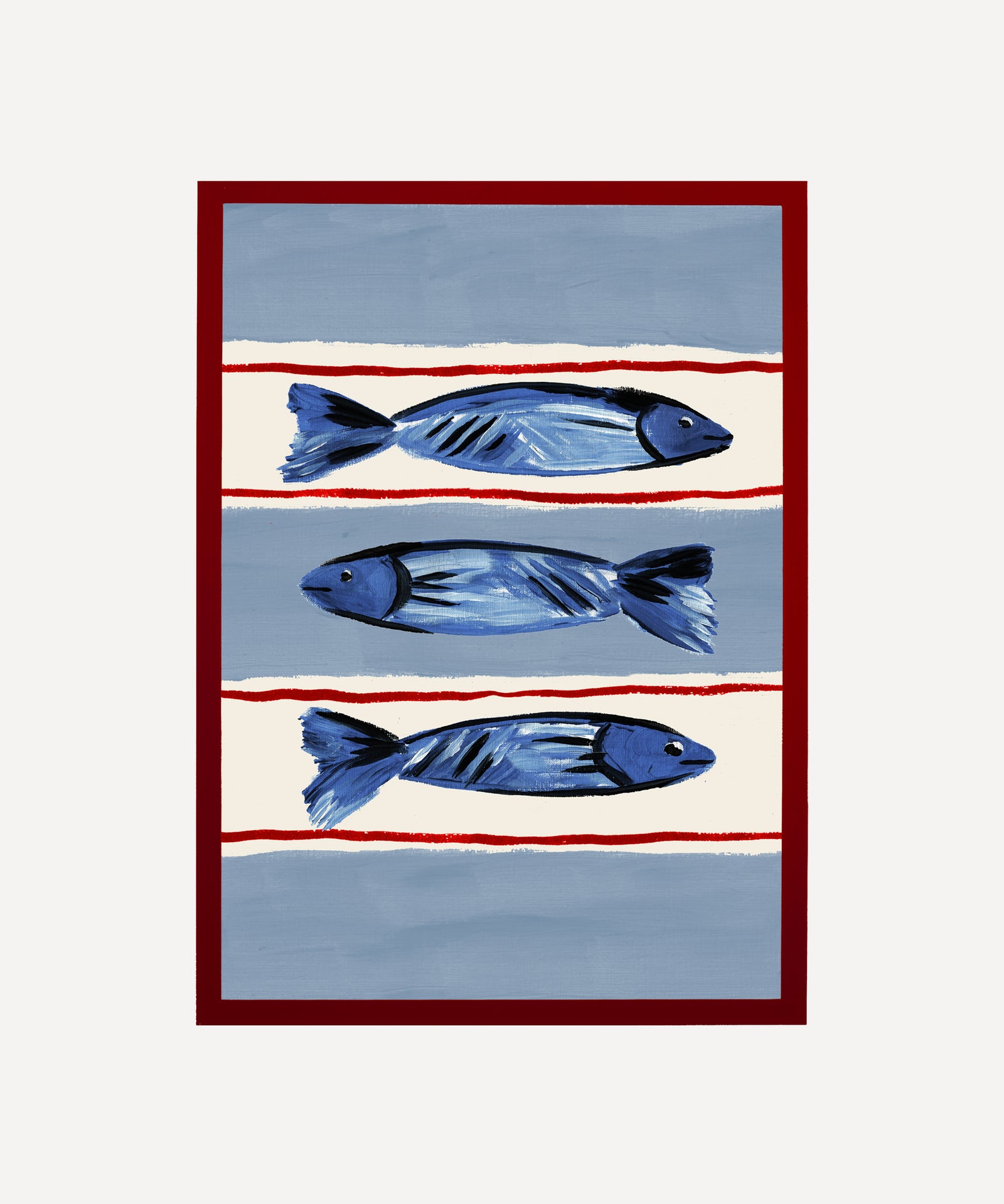 Seaside Fish print, three fish illustration on striped base in red frame