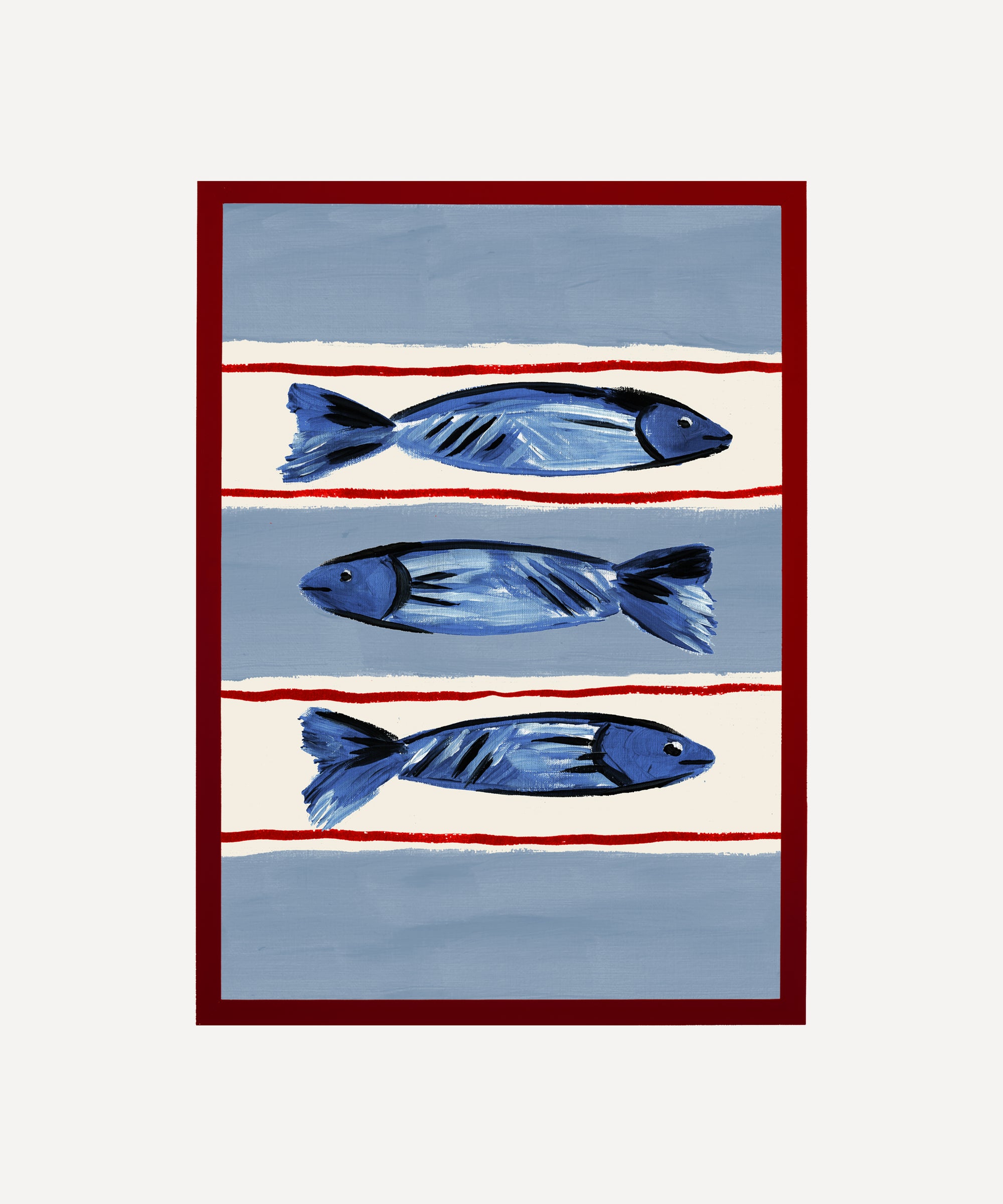 Seaside Fish print, three fish illustration on striped base in red frame
