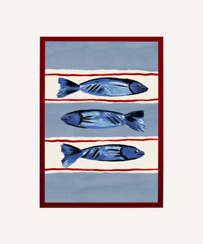 Seaside Fish print, three fish illustration on striped base in red frame