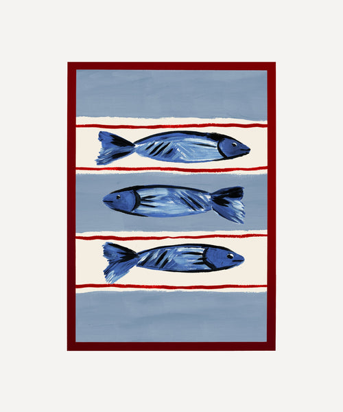 Seaside Fish print, three fish illustration on striped base in red frame
