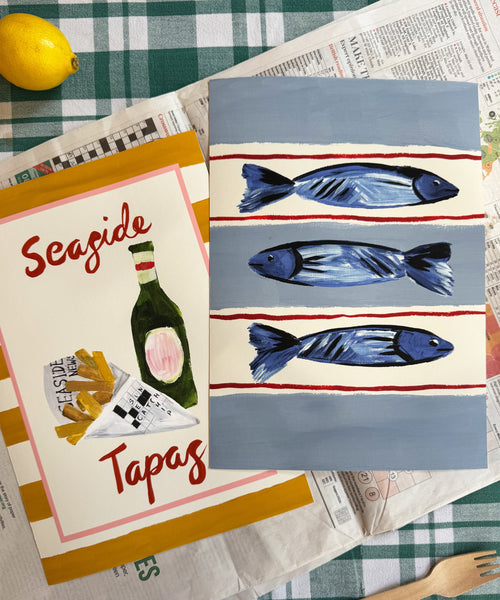 Seaside Fish print, three fish illustration on striped base with seaside collection