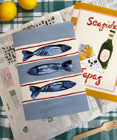 Seaside Fish print, three fish illustration on striped base with collection