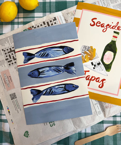 Seaside Fish print, three fish illustration on striped base with collection