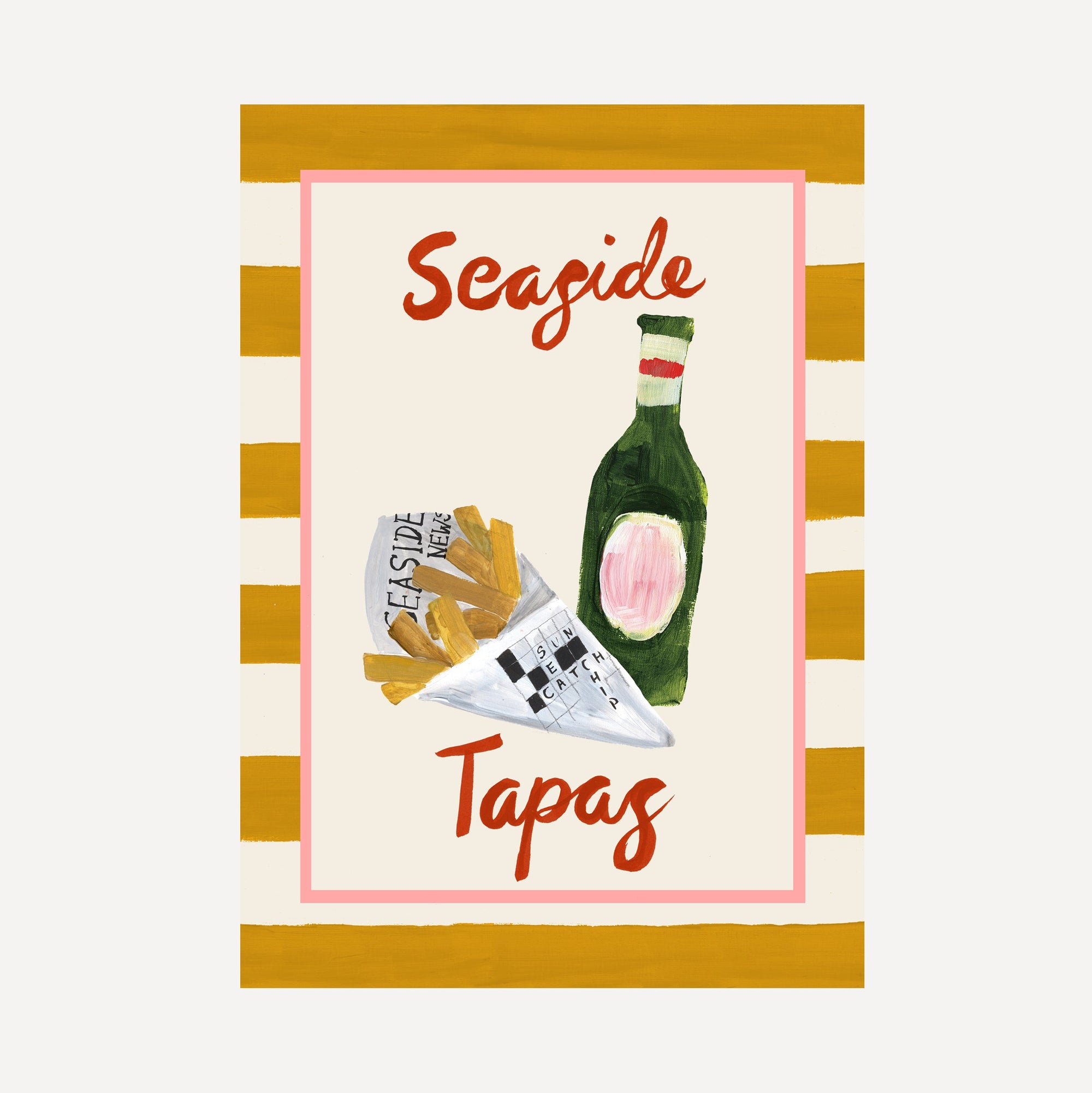 Seaside Tapas print, chips in newspaper and beer bottle with striped border