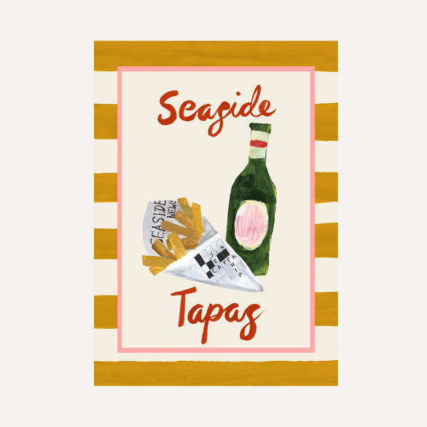 Seaside Tapas print, chips in newspaper and beer bottle with striped border