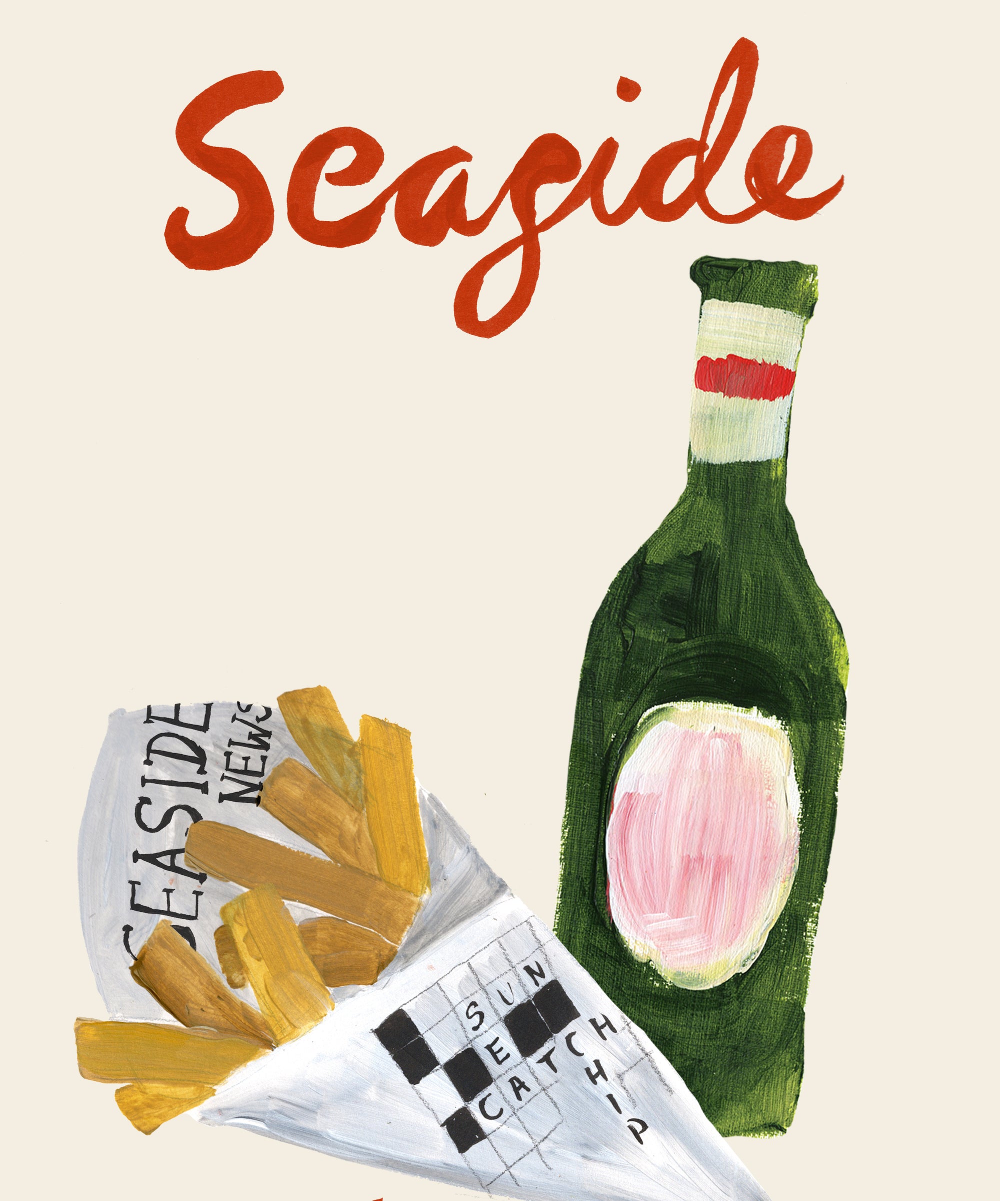 Seaside Tapas print, chips in newspaper and beer bottle with striped border close up