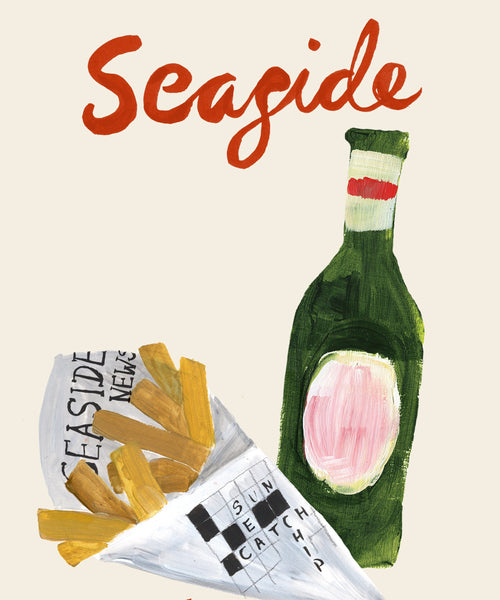 Seaside Tapas print, chips in newspaper and beer bottle with striped border close up