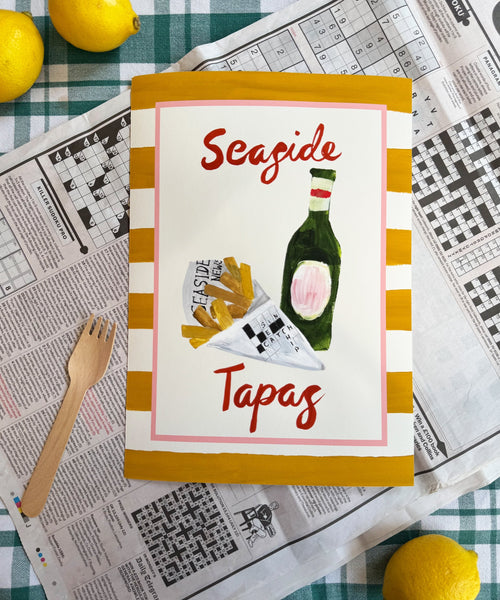 Seaside Tapas print, chips in newspaper and beer bottle with striped border on newspaper