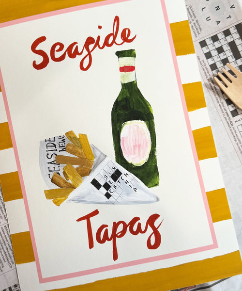 "Seaside Tapas" Print – Chips & Beer Painting with Striped Border