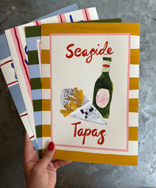 Seaside Tapas print, chips in newspaper and beer bottle with striped border with collection