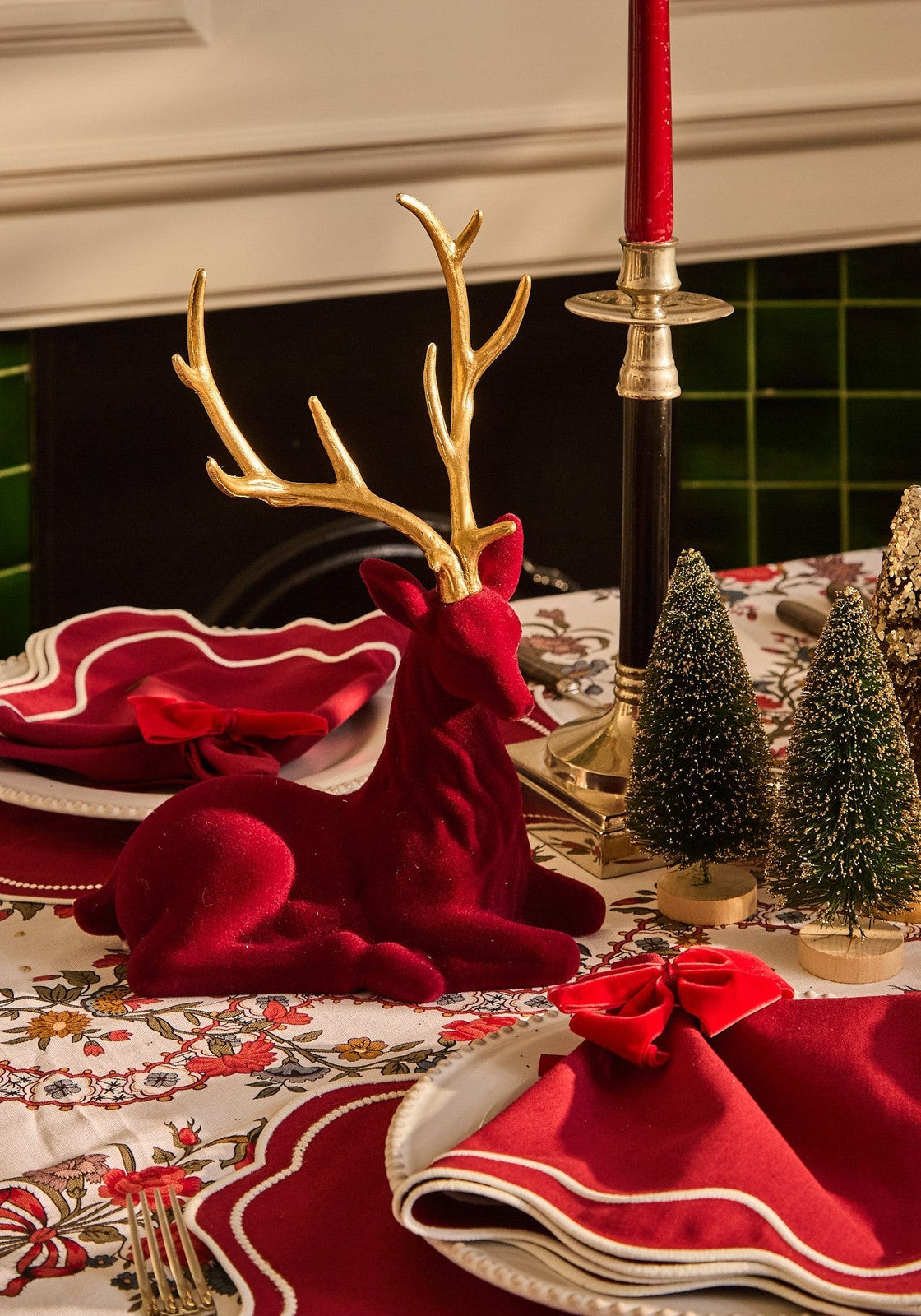 Ruby Red Beauty: Large Flocked Sitting Deer