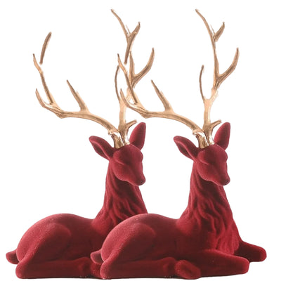 Ruby Red Beauty: Large Flocked Sitting Deer x 2