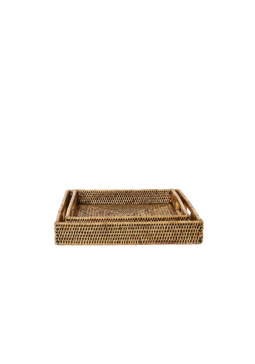 Pair of Square Rattan Trays in Classic Brown