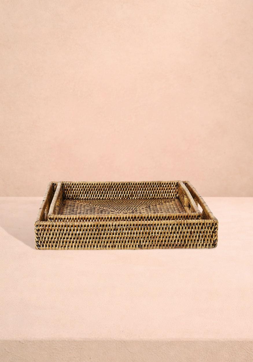 Pair of Square Rattan Trays in Classic Brown
