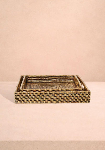 Pair of Square Rattan Trays in Classic Brown