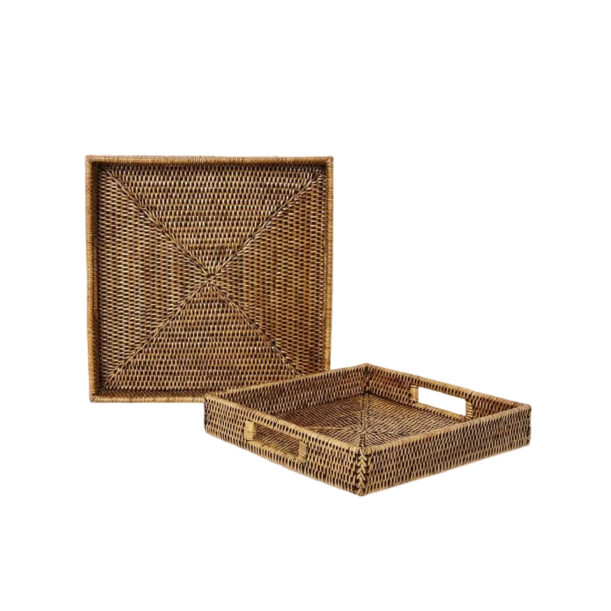 Pair of Square Rattan Trays in Classic Brown
