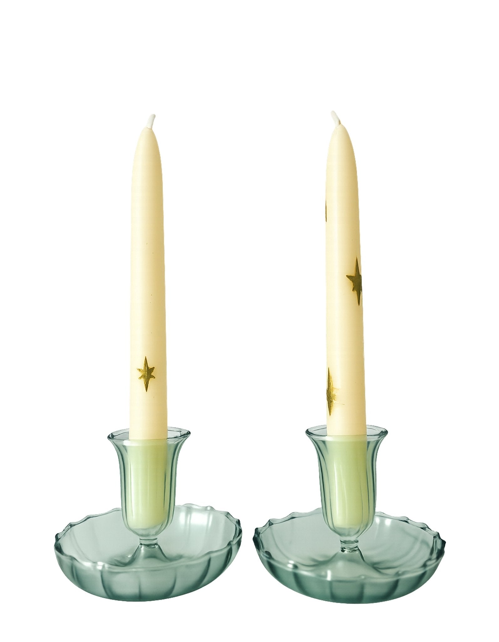 Green fluted borosilicate glass candle holders with ribbed detail