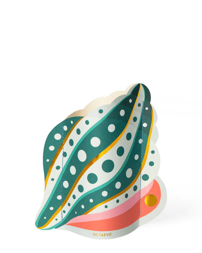 The Shell Mini Paper Vase by OCTAEVO features abstract leaf shapes in green, white, gold, and pink on a white background.