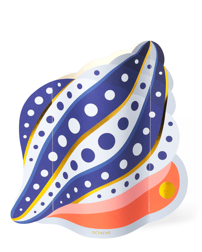 The OCTAEVO Shell Paper Vase features an abstract, colorful design inspired by Mediterranean sea shells.