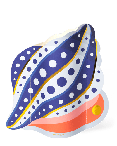 The OCTAEVO Shell Paper Vase features an abstract, colorful design inspired by Mediterranean sea shells.