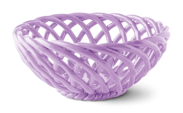 The Sicilia Ceramic Basket by OCTAEVO features a decorative purple woven lattice design.